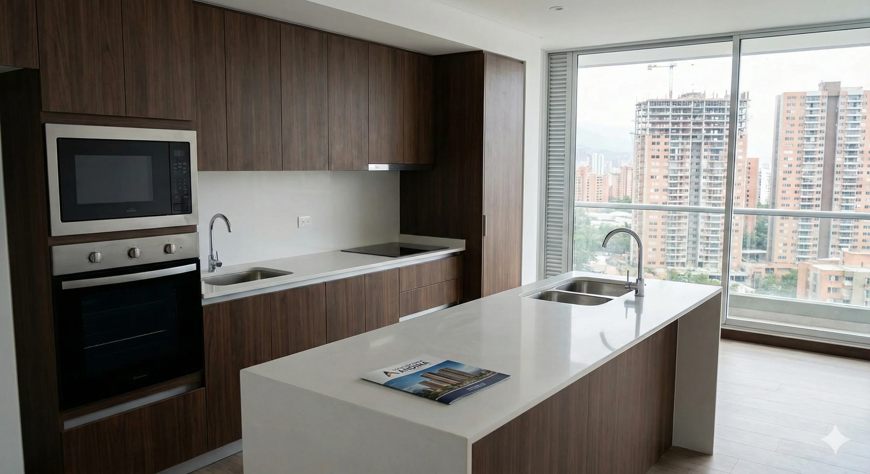 Interior de apartamento nuevo mostrando una cocina integral moderna con isla y acabados en madera oscura, frente a un gran ventanal con vista panorámica a la ciudad y edificios en construcción. Sobre la isla hay un folleto de Constructora Andina.