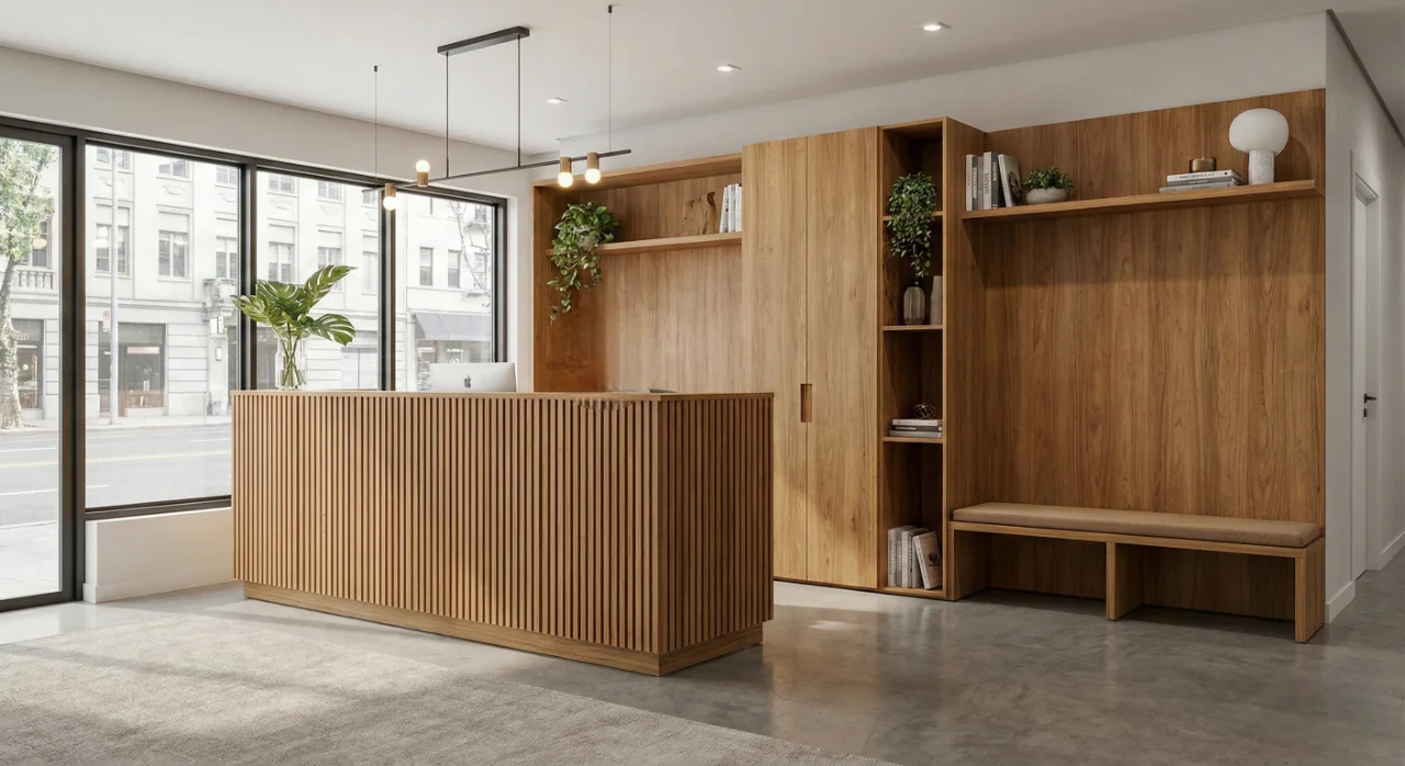 Recepción tipo lobby con carpintería arquitectónica y diseño moderno