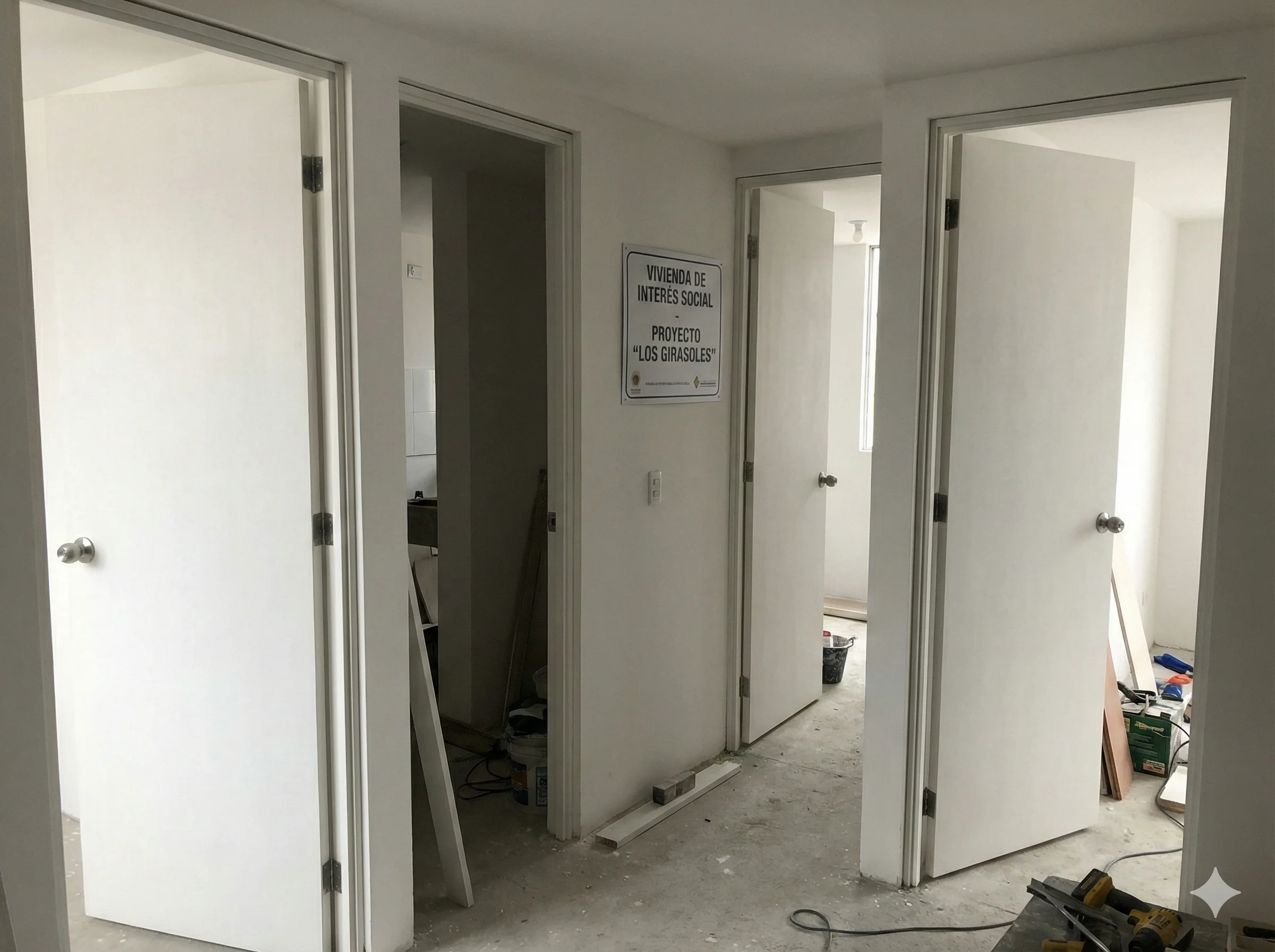 Instalación de puertas entamboradas blancas de interior en un proyecto de vivienda de interés social (VIS) en construcción en Colombia.